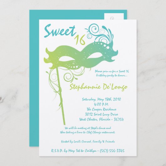 5x7 Blauwgroen Masquerade Sweet 16 Verjaardagsuitn Kaart (Voorkant / Achterkant)