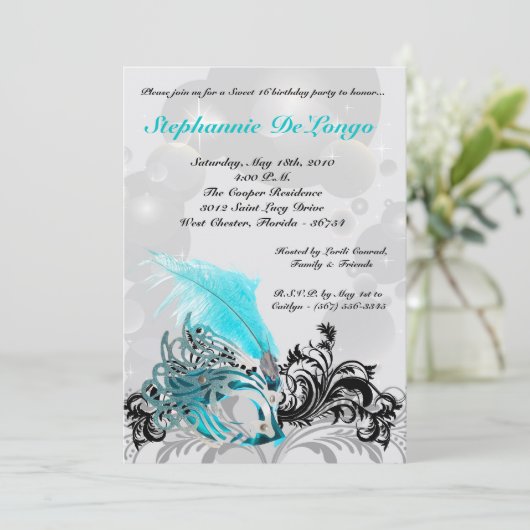 5x7 Blauwgroen Masquerade Sweet 16 Verjaardagsuitn Kaart (Staand voorkant)