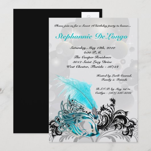 5x7 Blauwgroen Masquerade Sweet 16 Verjaardagsuitn Kaart (Voorkant / Achterkant)