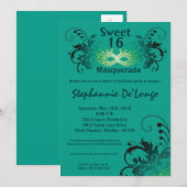 5x7 Blauwgroen Masquerade Sweet 16 Verjaardagsuitn Kaart (Voorkant / Achterkant)
