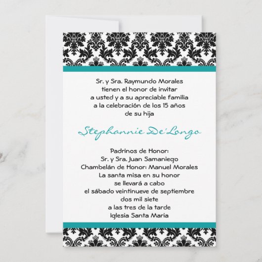 5x7 Blauwgroen Turquoise Damask Quinceanera Uitnod Kaart (Voorkant)