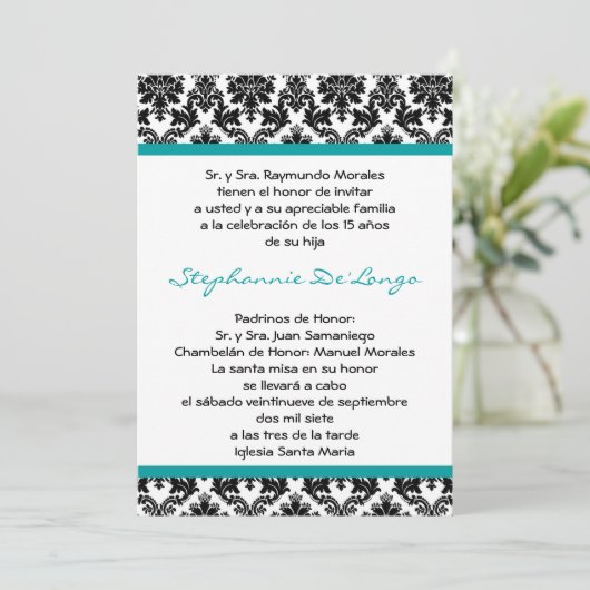5x7 Blauwgroen Turquoise Damask Quinceanera Uitnod Kaart (Staand voorkant)