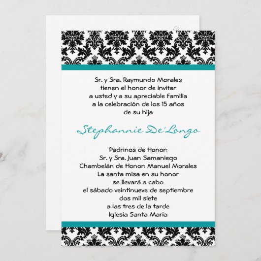 5x7 Blauwgroen Turquoise Damask Quinceanera Uitnod Kaart (Voorkant / Achterkant)