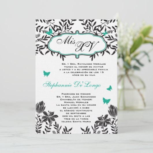 5x7 Blauwgroen vlinder Quinceanera Birthday Uitnod Kaart (Staand voorkant)