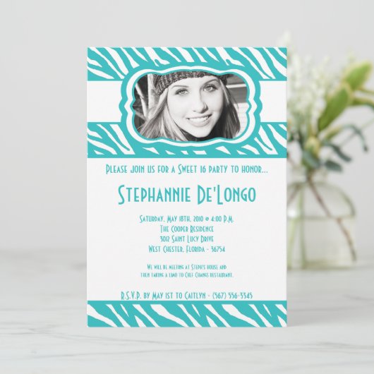 5x7 Blauwgroen Zebra FOTO Sweet 16 Verjaardag Uitn Kaart (Staand voorkant)