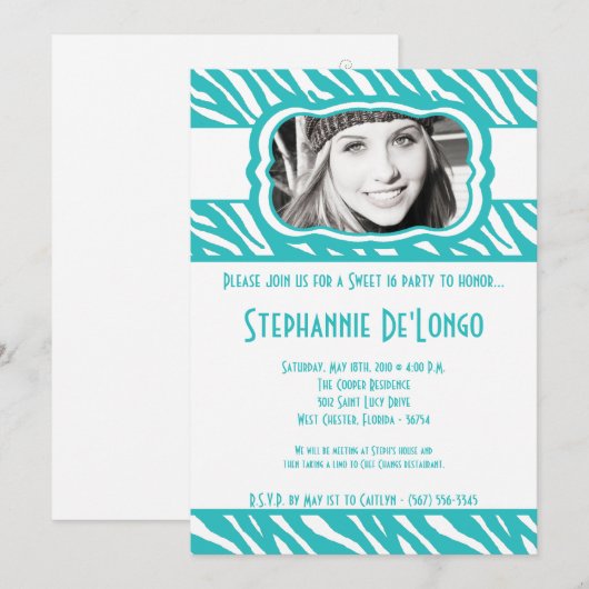 5x7 Blauwgroen Zebra FOTO Sweet 16 Verjaardag Uitn Kaart (Voorkant / Achterkant)