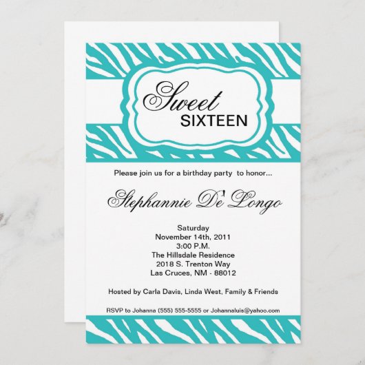 5x7 Blauwgroen Zebra Print Birthday Party Invitati Kaart (Voorkant / Achterkant)