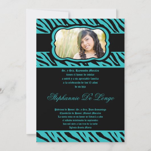 5x7 Blauwgroen Zebra Print Quinceanera-uitnodiging Kaart (Voorkant)