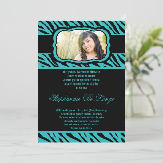 5x7 Blauwgroen Zebra Print Quinceanera-uitnodiging Kaart (Staand voorkant)