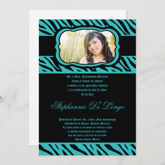 5x7 Blauwgroen Zebra Print Quinceanera-uitnodiging Kaart (Voorkant / Achterkant)