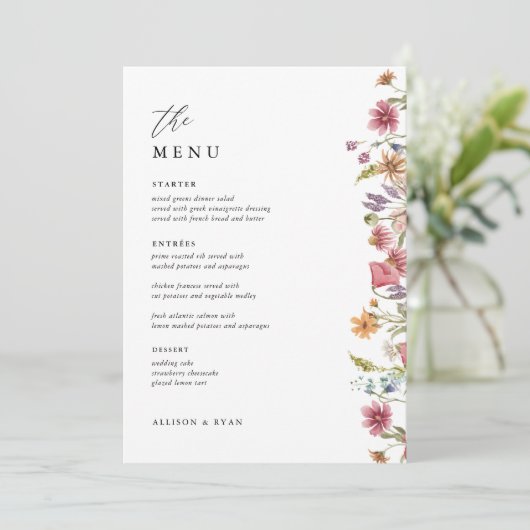 5x7" Bloemige Trouwtafel Menu Kaarten Plat Menu (Staand voorkant)