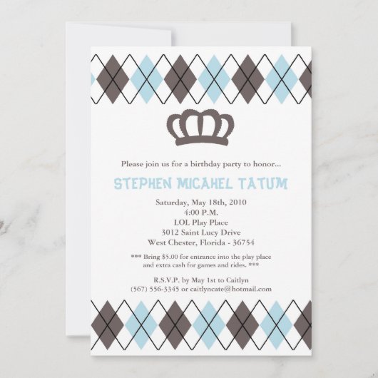 5x7 Blu Gra Argyle Crown Birthday Party Invitation Kaart (Voorkant)