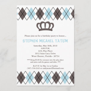 5x7 Blu Gra Argyle Crown Birthday Party Invitation Kaart