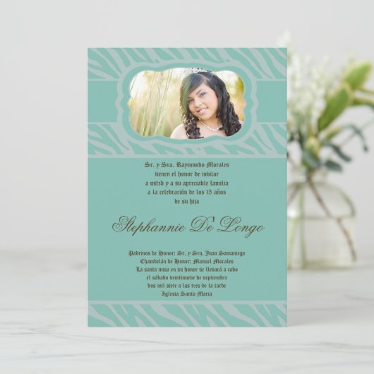 5x7 Blu Zebra Print Quinceanera Uitnodiging (Staand voorkant)