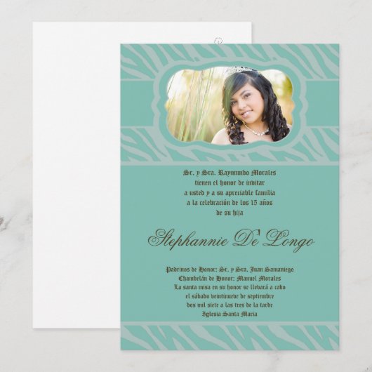 5x7 Blu Zebra Print Quinceanera Uitnodiging (Voorkant / Achterkant)