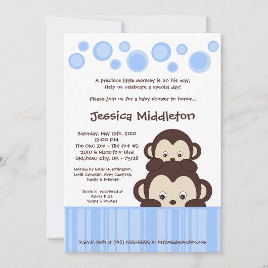 5x7 Blue Baby Pop Monkey Baby shower Invitation Kaart (Voorkant)