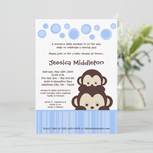 5x7 Blue Baby Pop Monkey Baby shower Invitation Kaart (Staand voorkant)