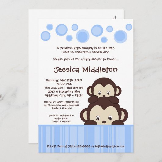 5x7 Blue Baby Pop Monkey Baby shower Invitation Kaart (Voorkant / Achterkant)