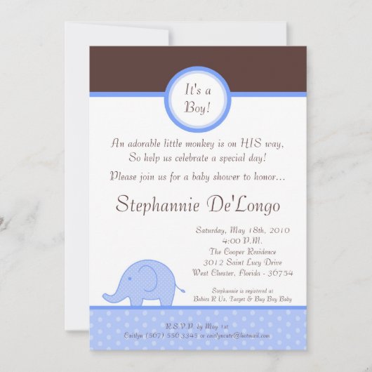 5x7 Blue Boy Mod Elephant Baby shower Uitnodiging (Voorkant)