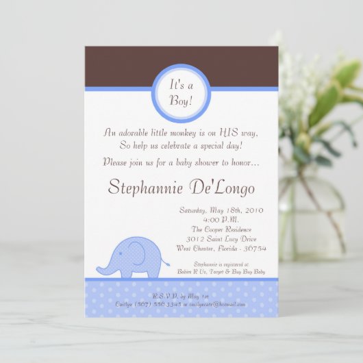 5x7 Blue Boy Mod Elephant Baby shower Uitnodiging (Staand voorkant)