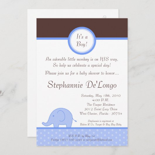 5x7 Blue Boy Mod Elephant Baby shower Uitnodiging (Voorkant / Achterkant)