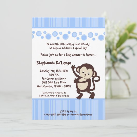 5x7 Blue Boy Pop Monkey Baby shower Invitation Kaart (Staand voorkant)