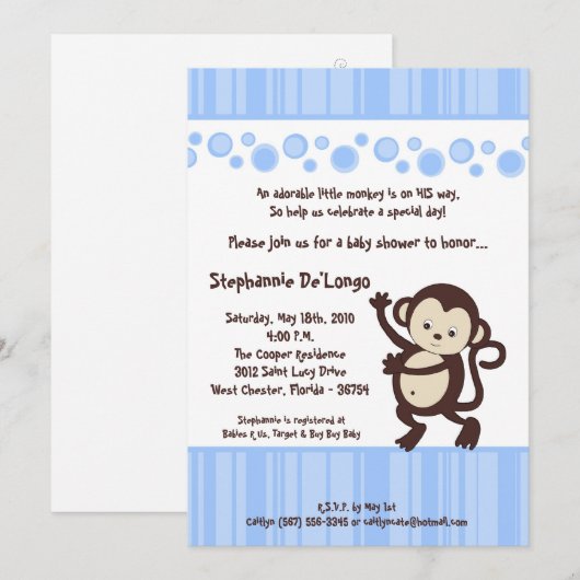 5x7 Blue Boy Pop Monkey Baby shower Invitation Kaart (Voorkant / Achterkant)
