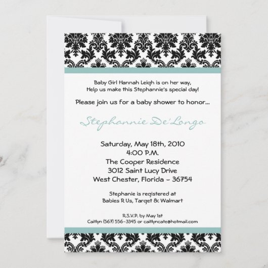 5x7 Blue Damask Baby shower Invitation Kaart (Voorkant)