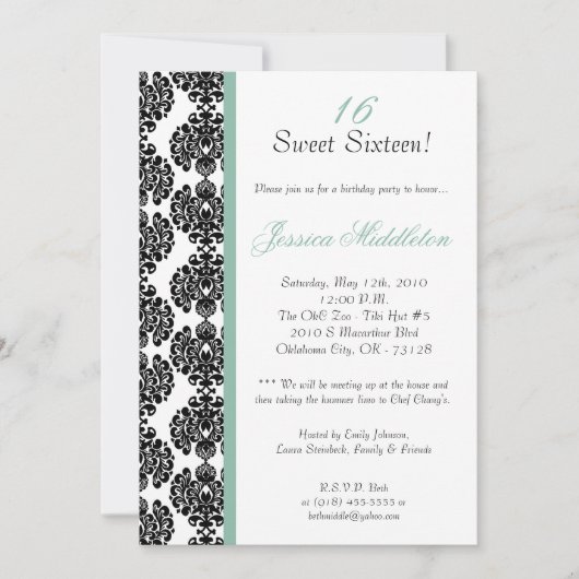 5x7 Blue Damask Birthday Party Invitation Kaart (Voorkant)