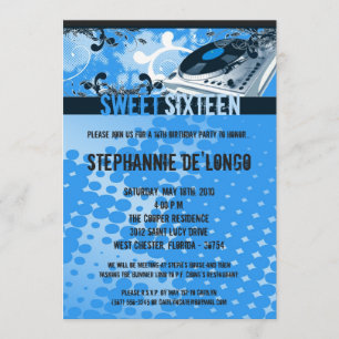 5x7 Blue DJ Spin Platenspeler16th Birthday Invitat Kaart