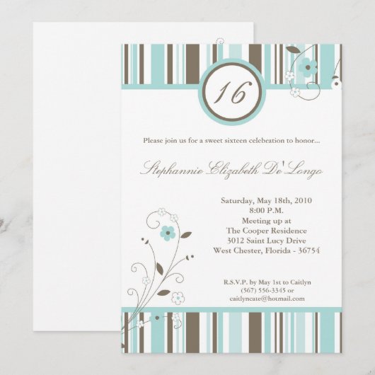 5x7 Blue Flower Sweet 16 Birthday Party Invitation Kaart (Voorkant / Achterkant)