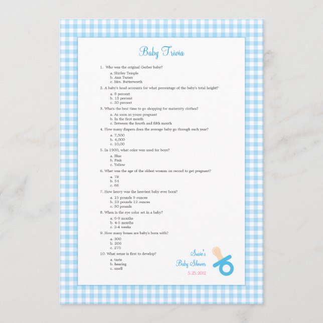5x7 Blue Gingham Trivia Shower Game (Voorkant)