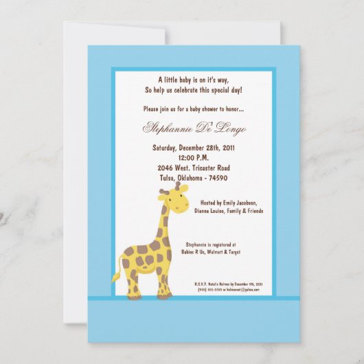5x7 Blue Giraffe Baby shower uitnodiging (Voorkant)