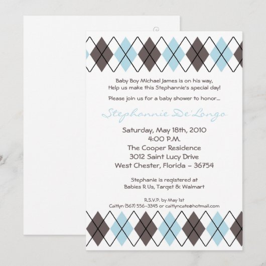 5x7 Blue Grey Argyle Punk Baby shower Uitnodiging (Voorkant / Achterkant)