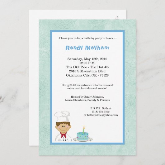 5x7 Blue Kind Boy Chef Birthday Party Invitation Kaart (Voorkant / Achterkant)