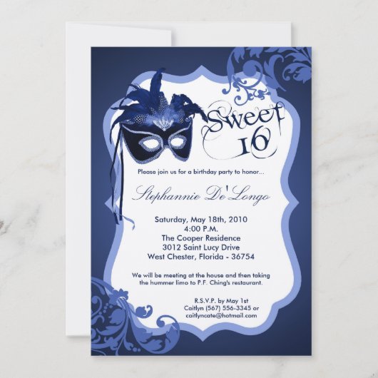 5x7 Blue Masquerade Masker 16 Birthday Uitnodiging (Voorkant)