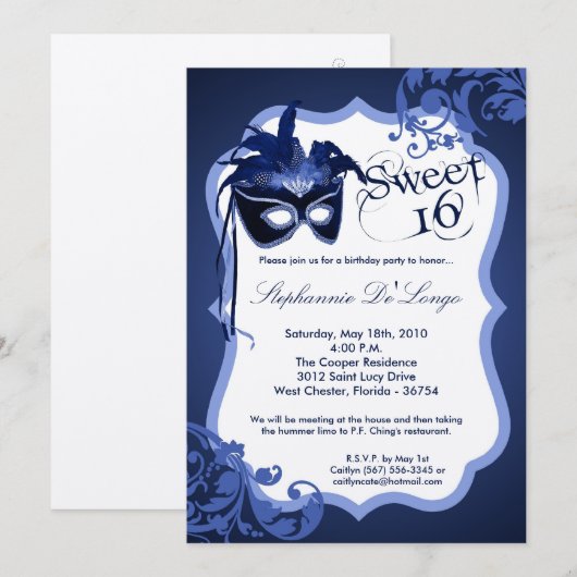 5x7 Blue Masquerade Masker 16 Birthday Uitnodiging (Voorkant / Achterkant)