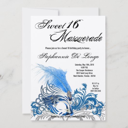 5x7 Blue Masquerade Sweet 16 Birthday Invitation Kaart (Voorkant)