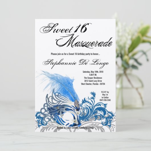 5x7 Blue Masquerade Sweet 16 Birthday Invitation Kaart (Staand voorkant)