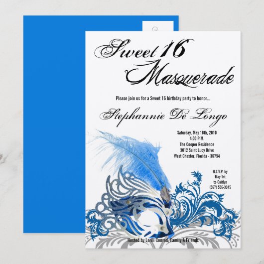 5x7 Blue Masquerade Sweet 16 Birthday Invitation Kaart (Voorkant / Achterkant)