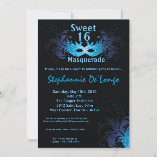 5x7 Blue Masquerade Sweet 16 Birthday Invitation Kaart (Voorkant)