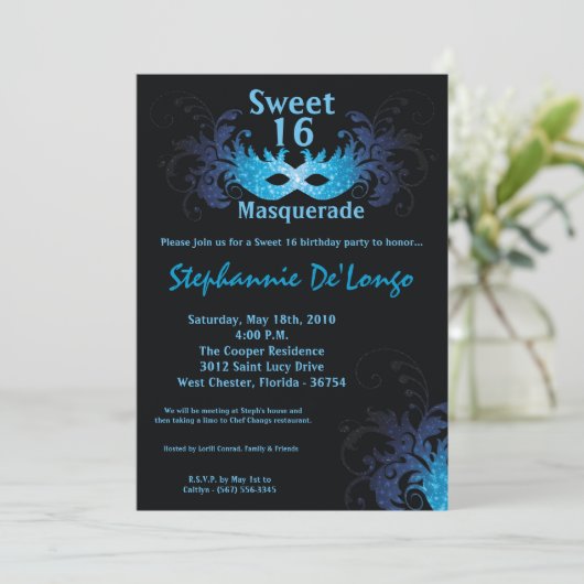 5x7 Blue Masquerade Sweet 16 Birthday Invitation Kaart (Staand voorkant)