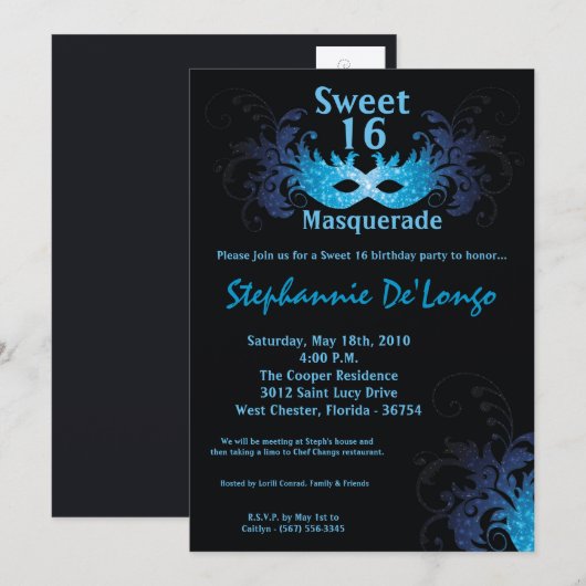 5x7 Blue Masquerade Sweet 16 Birthday Invitation Kaart (Voorkant / Achterkant)