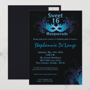 5x7 Blue Masquerade Sweet 16 Birthday Invitation Kaart