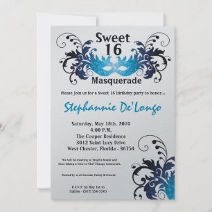 5x7 Blue Masquerade Sweet 16 Birthday Invitation Kaart