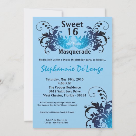 5x7 Blue Masquerade Sweet 16 Birthday Invitation Kaart (Voorkant)