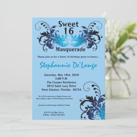 5x7 Blue Masquerade Sweet 16 Birthday Invitation Kaart (Staand voorkant)