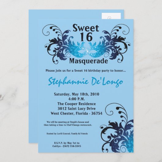 5x7 Blue Masquerade Sweet 16 Birthday Invitation Kaart (Voorkant / Achterkant)