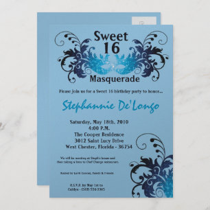 5x7 Blue Masquerade Sweet 16 Birthday Invitation Kaart