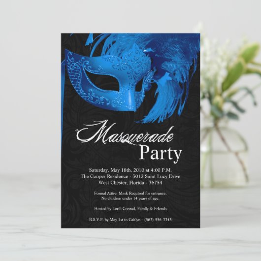 5x7 Blue Masquerade Sweet 16 Birthday Invitation Kaart (Staand voorkant)